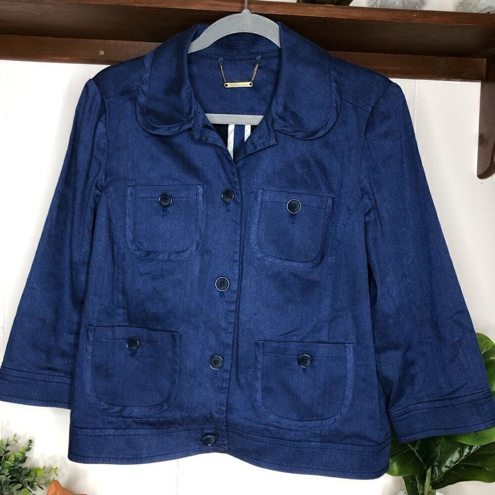 Trina Turk Women's Linen Blend Button Front 3/4 Sleeve Jacket Navy Blue Size 8